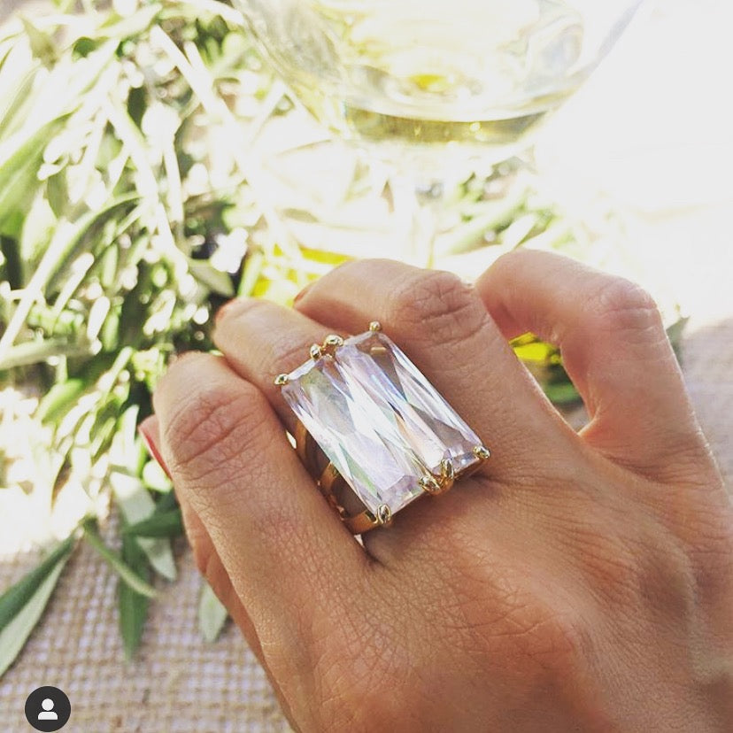 Oversized Double Baguette CZ 14K Gold Plate Cocktail Ring