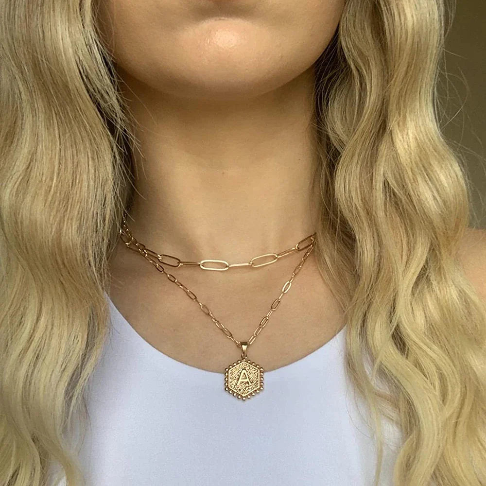 Paperclip Hexagon Monogram Layer Necklace-Ringified Jewelry