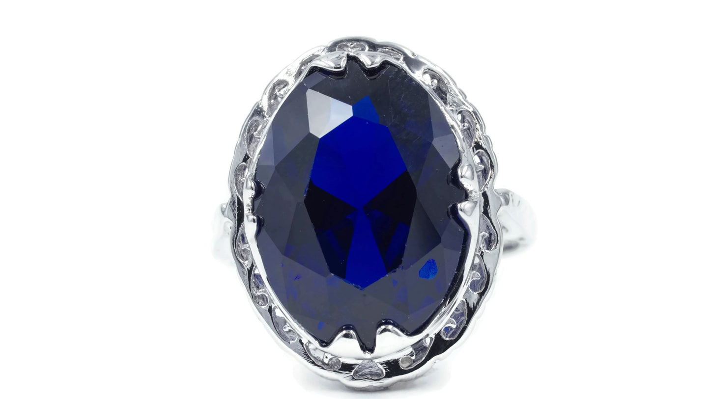 Large Oval Blue Sapphire Spinel Unique Framed Setting Cocktail Ring