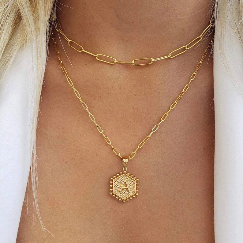 Paperclip Hexagon Monogram Layer Necklace-Ringified Jewelry