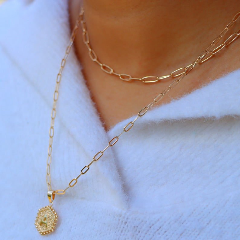 Paperclip Hexagon Monogram Layer Necklace-Ringified Jewelry