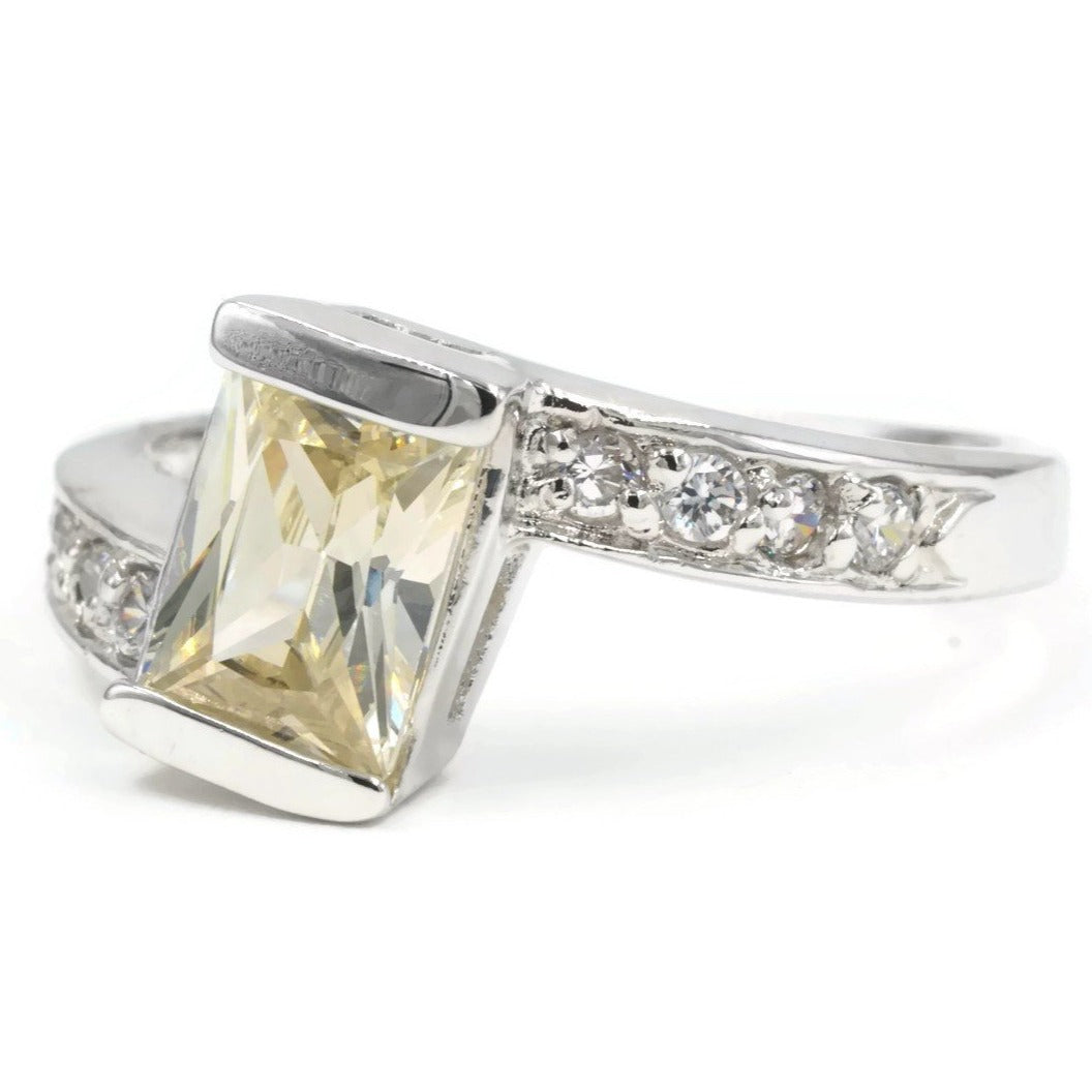 Pale Yellow Emerald-Cut Channel-Set Angle Statement Ring