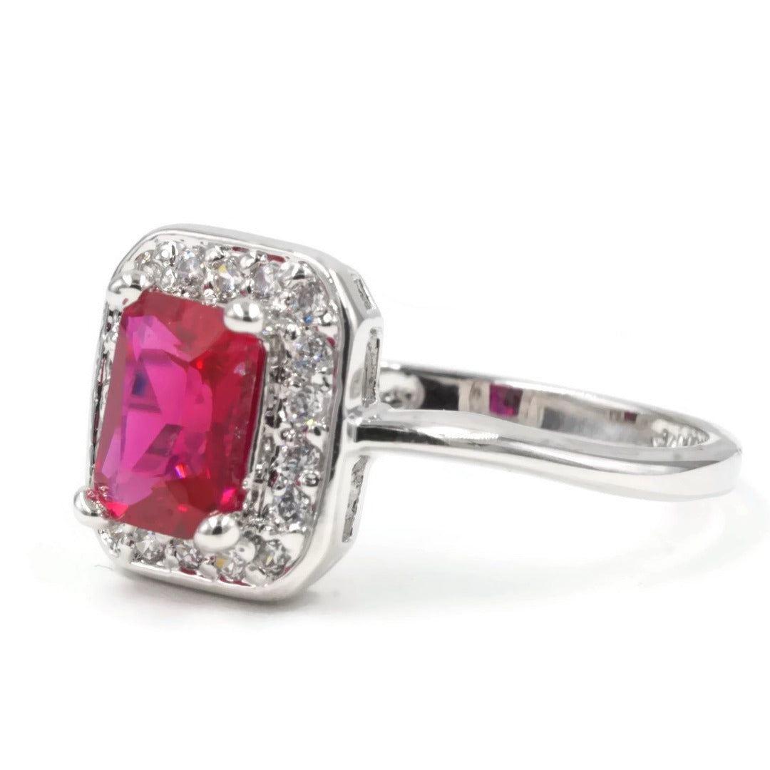 Delicate Emerald-Cut Synthetic Ruby Framed Statement Ring