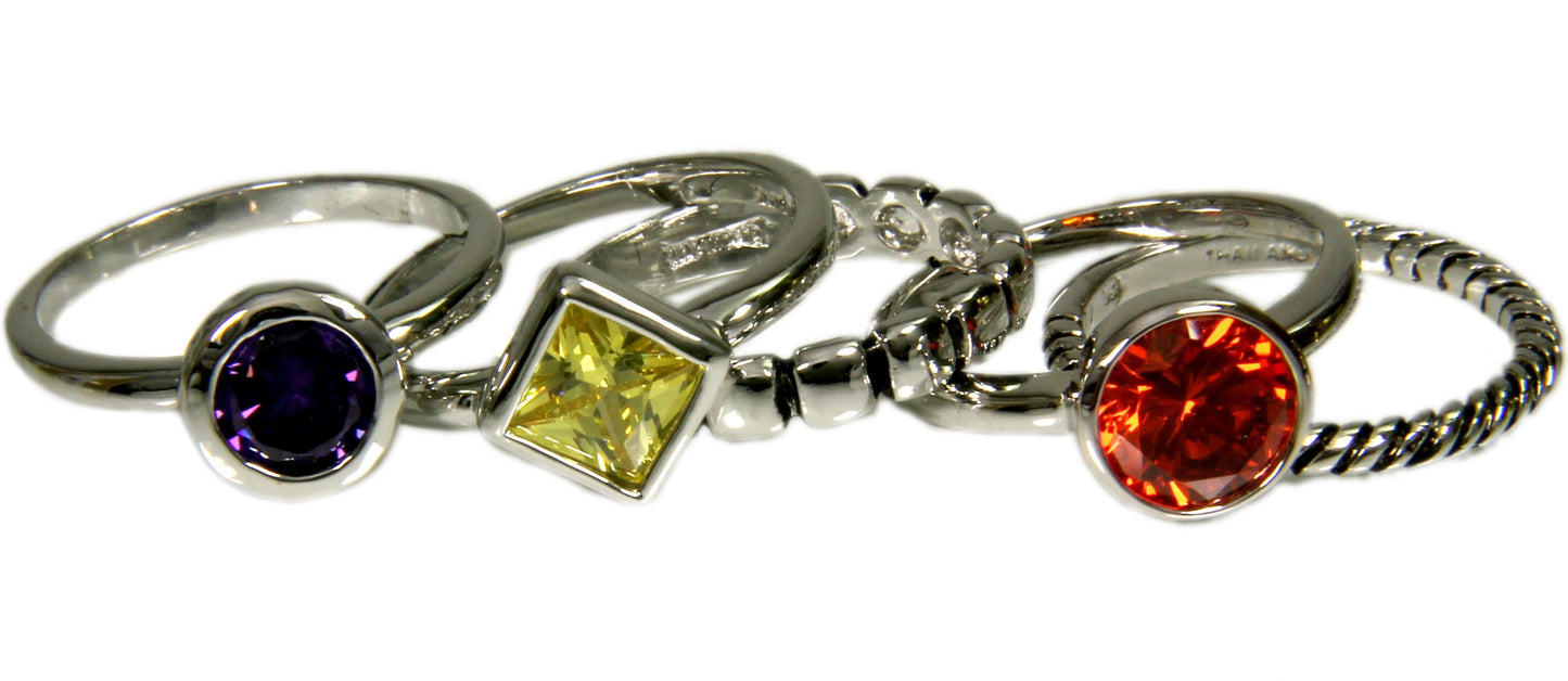 Set of Five Stackable Orange Amethyst Yellow Purple Rings