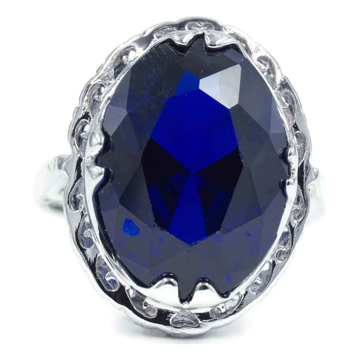 Large Oval Blue Sapphire Spinel Unique Framed Setting Cocktail Ring