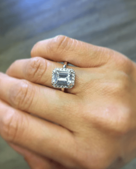 Emerald-Cut Engagement Style Halo Setting Rhodium Ring