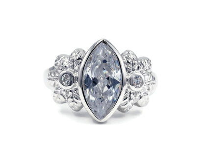 Large Bezel-Set Marquise Flower Detail Silver Statement Ring