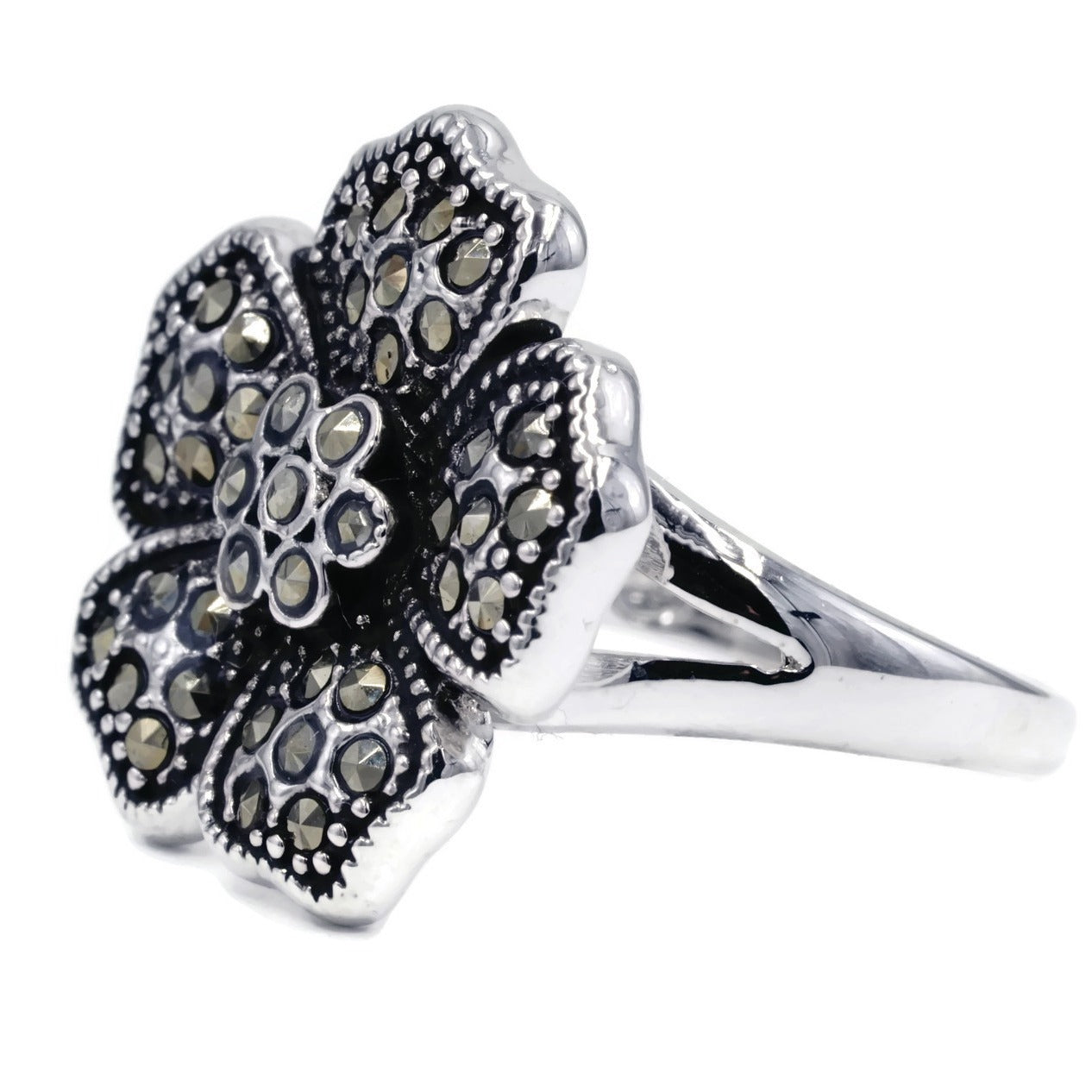 42-Stone Marcasite Silver Flower Ring-Ringified Jewelry