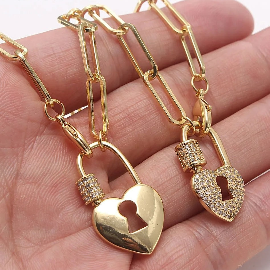 Heart on Lock Pavé Paperclip Necklace