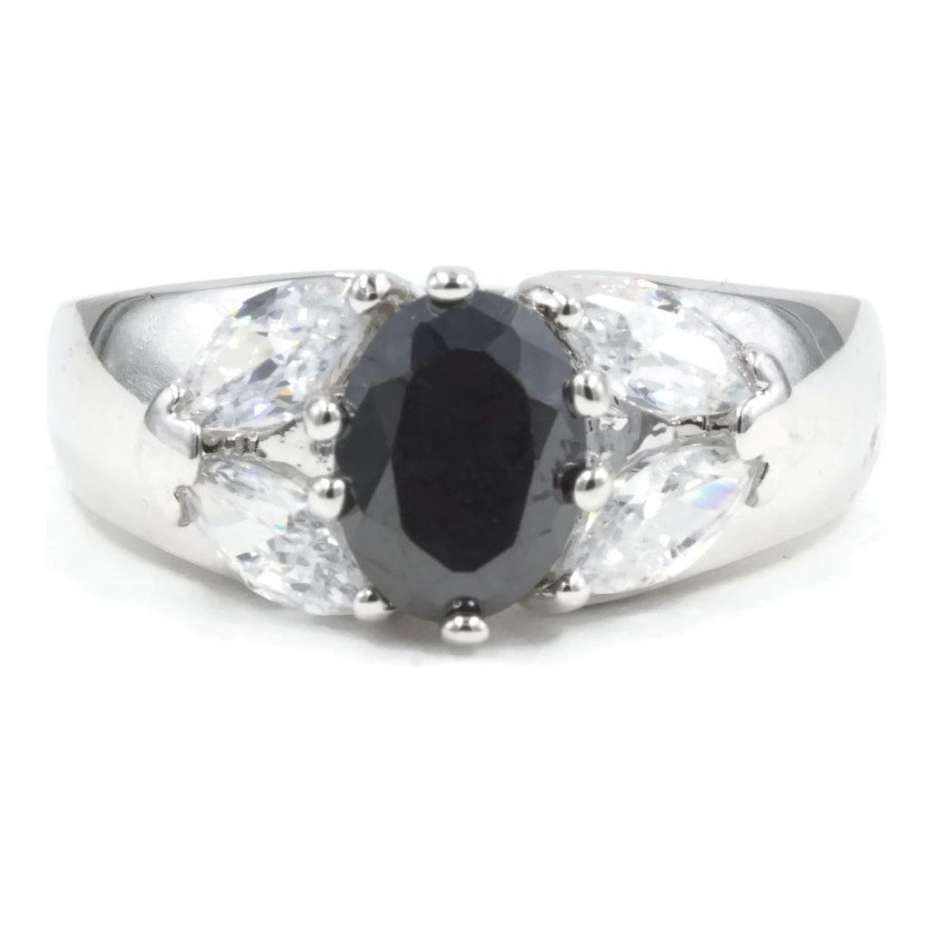 Dome Faceted Oval Jet Black Stone Clear Marquise Ring