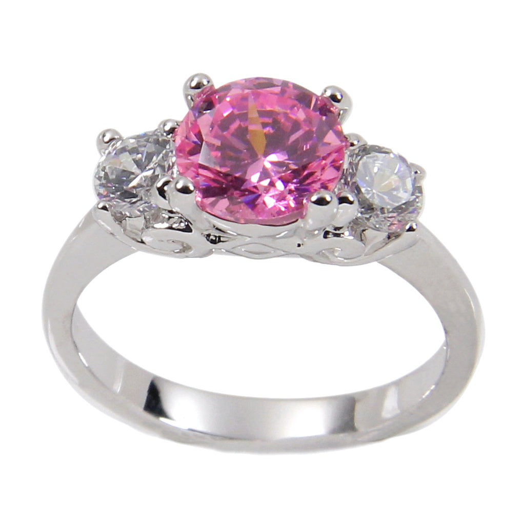 Brilliant Sterling Silver Engagement Style Three Stone Pink and Clear CZ