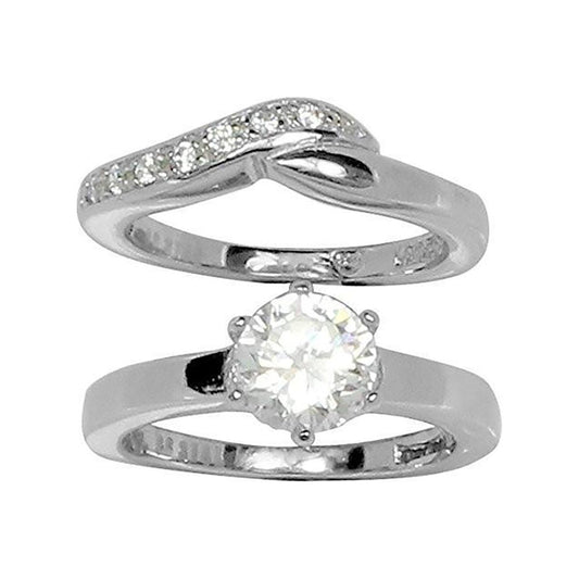 6-Prong Two-Ring Set Round Stone Wedding Stainless Steel Rings