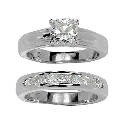 Classic Princess Cut Two-Ring Set Wedding Style Stainless Steel Rings