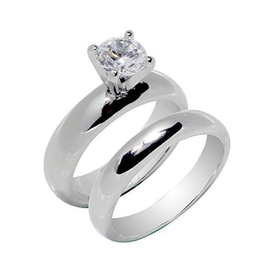 High Prong Two-Ring Set Round Solitaire Wedding Stainless Steel Rings