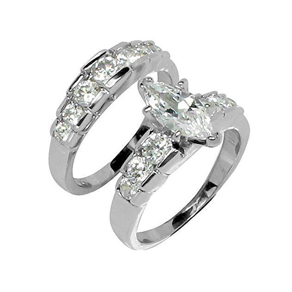Large Prong-Set Two-Ring Marquise Cut Wedding Set Stainless Steel Rings