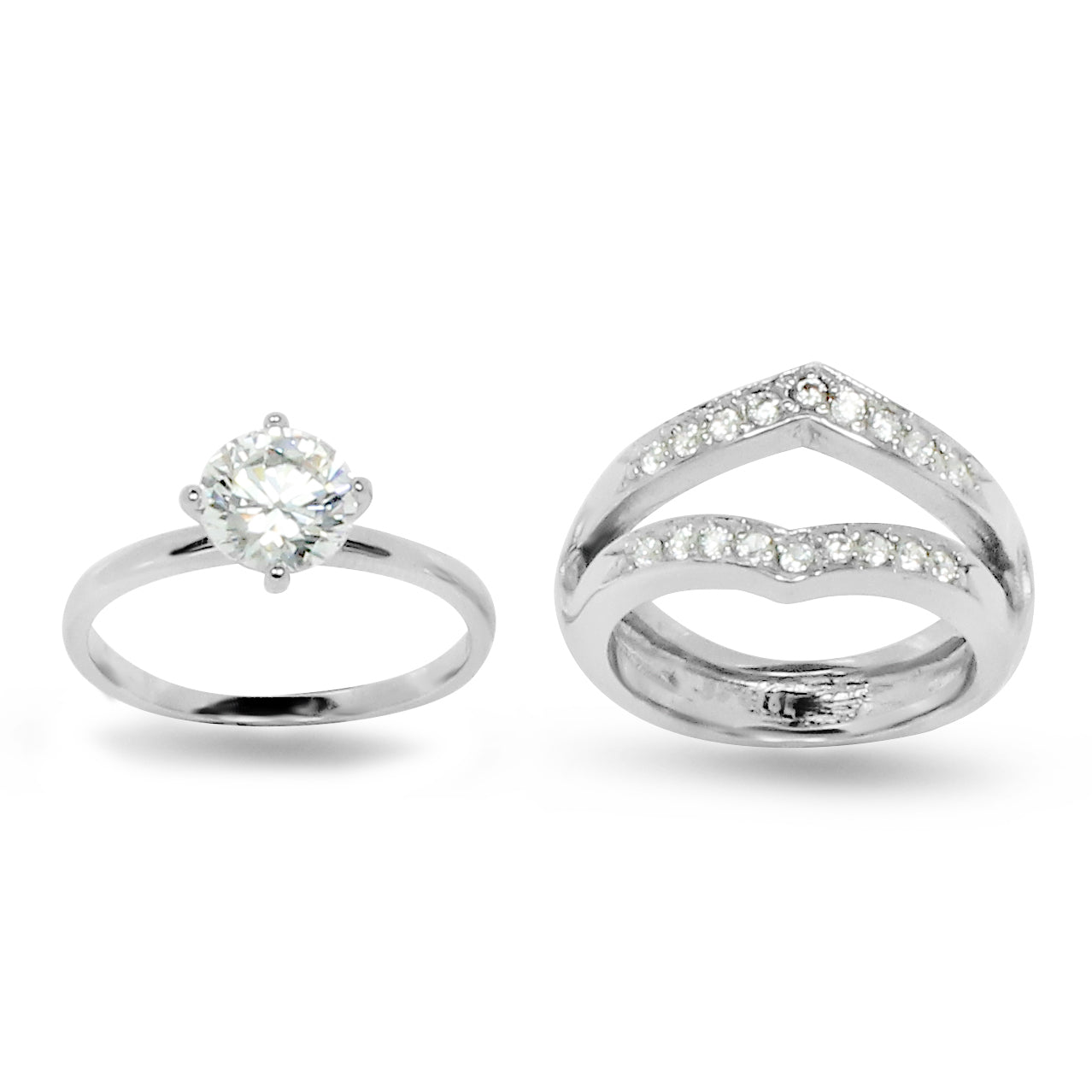 Round Prong Two-Ring Set Wedding Guard 20-Stone Stainless Steel Rings