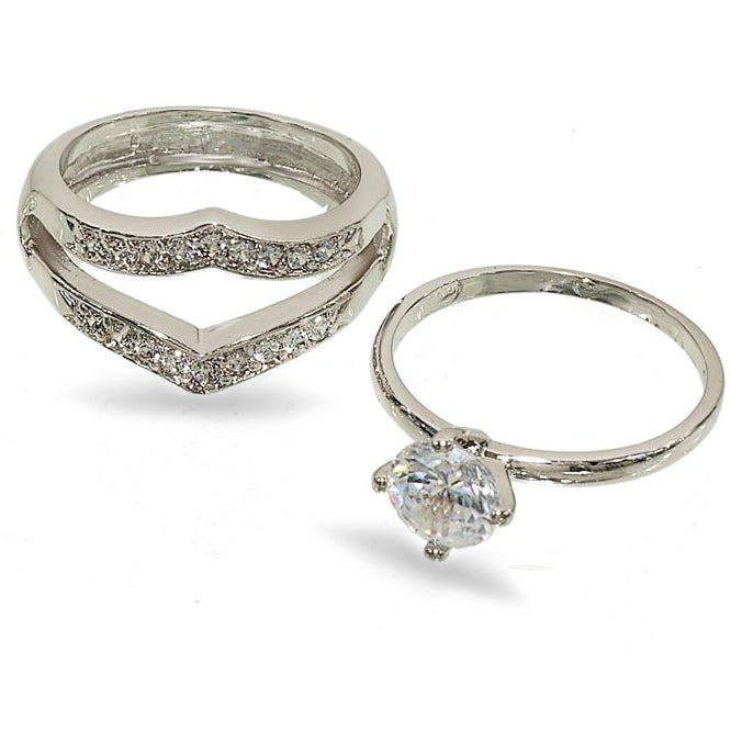Two-Piece Wedding Set Solitaire Two-Row Chevron Rings