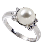 8 mm Sterling Three Round Clear Stones Glass Base Pearl Ring