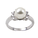 8 mm Sterling Three Round Clear Stones Glass Base Pearl Ring