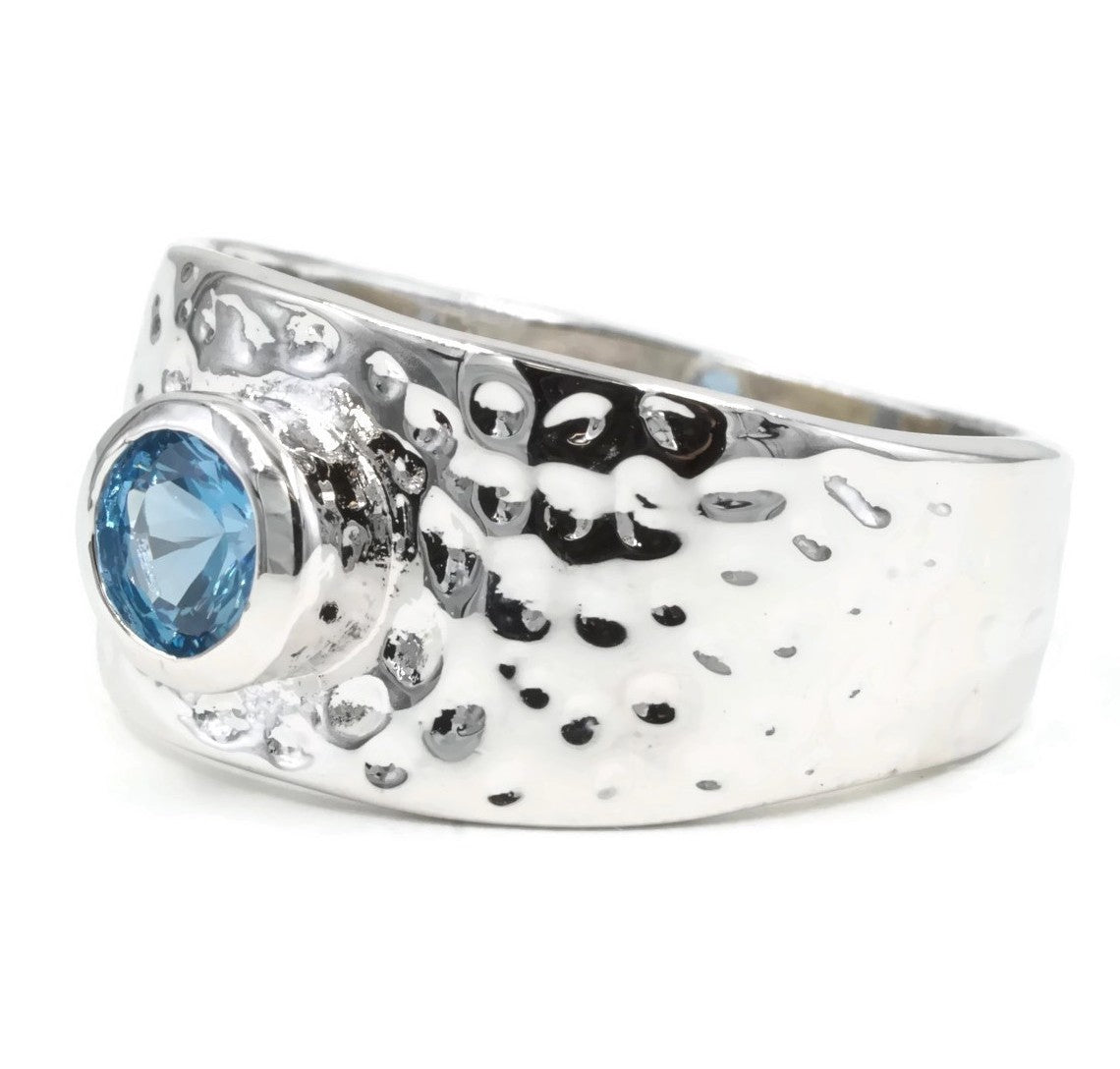 Wide Hammered Bezel-Set Blue Stone Band Ring