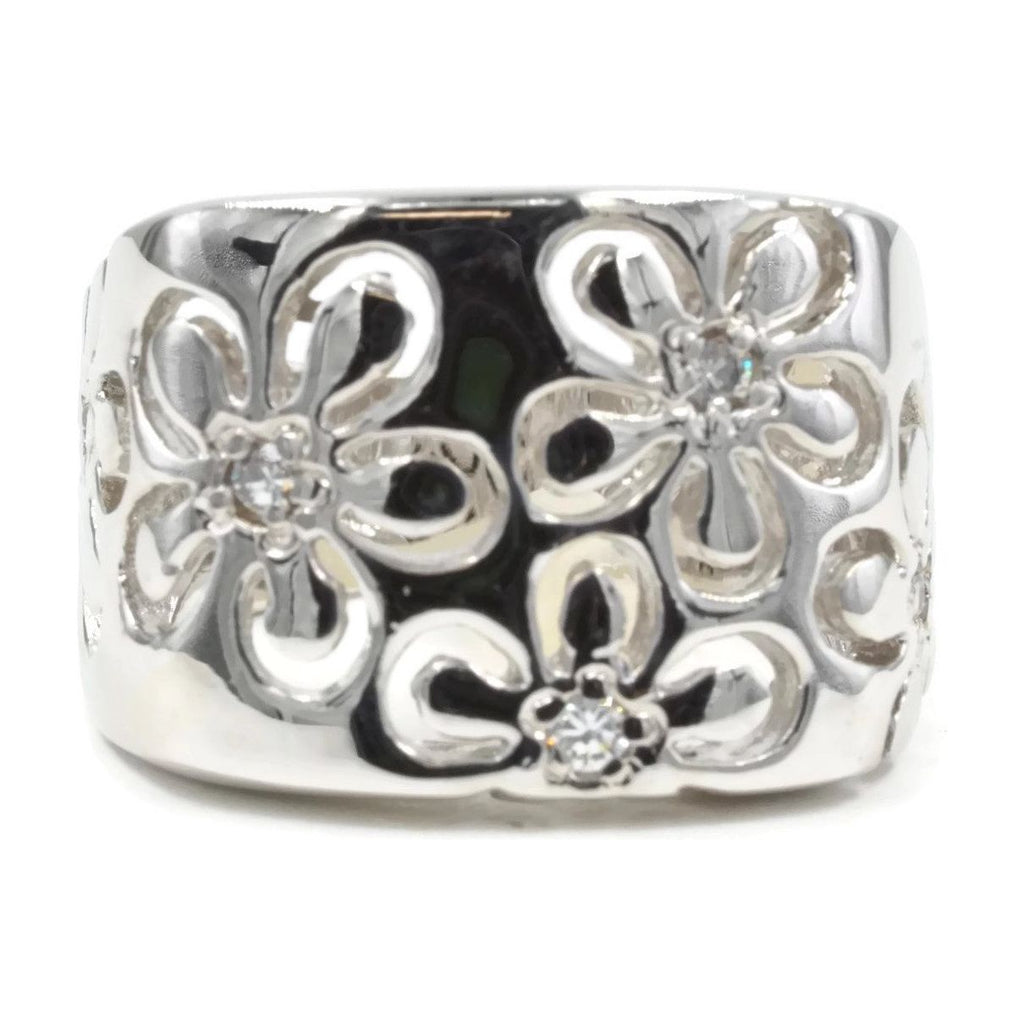 Bold Cutout Daisy Silvertone Fashion Ring with Tiny Cubic Zirconia