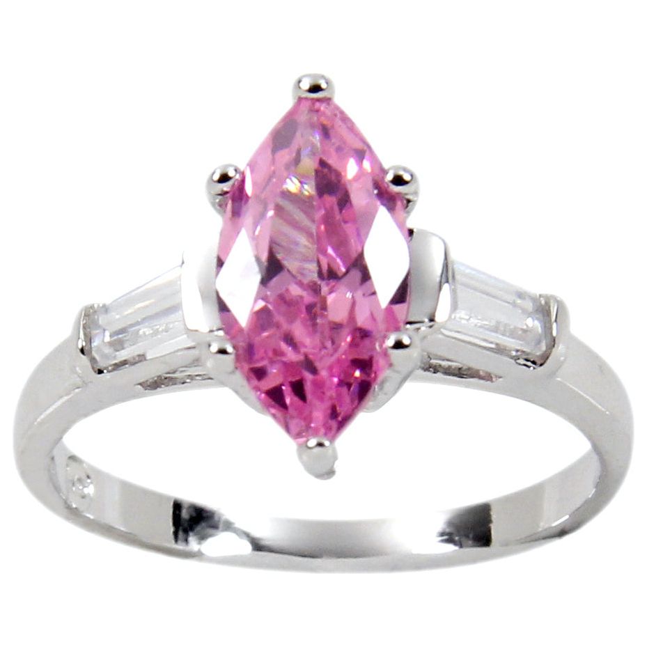 Sterling Silver Luscious Pink Marquise Tapered Baguette Ring
