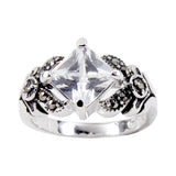 Sterling Silver Clear Special Square Cut Antique Detail Ring