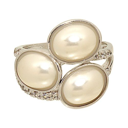 Cabochon Faux Pearl and Cubic Zirconia Wrap Silvertone Ring