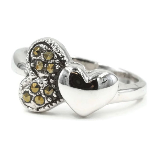 Double Heart Marcasite Silver Ring
