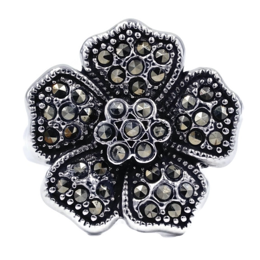 42-Stone Marcasite Silver Flower Ring-Ringified Jewelry