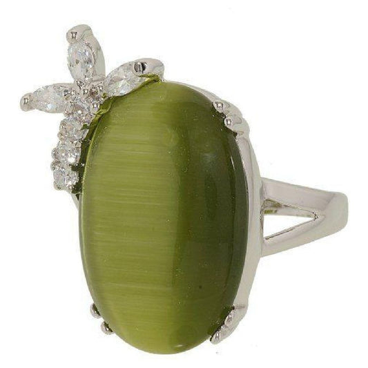 Dusty Olive Green Cat's-Eye Silver Oval Cocktail Ring