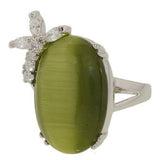 Dusty Olive Green Cat Eye Big Oval Clear Stones Ring