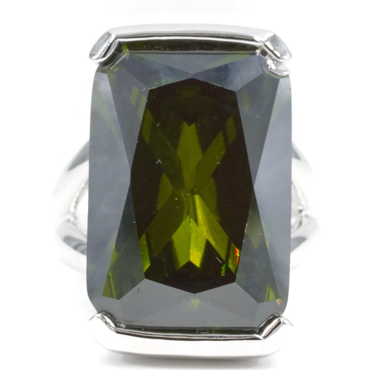 Oversized Emerald Cut Olivine CZ Silver Cocktail Ring