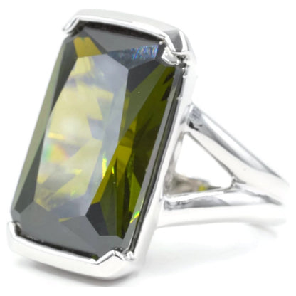 Oversized Emerald Cut Olivine CZ Silver Cocktail Ring