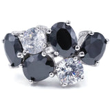 Ovals and Rounds Cluster Jet Black Clear Stones Ring