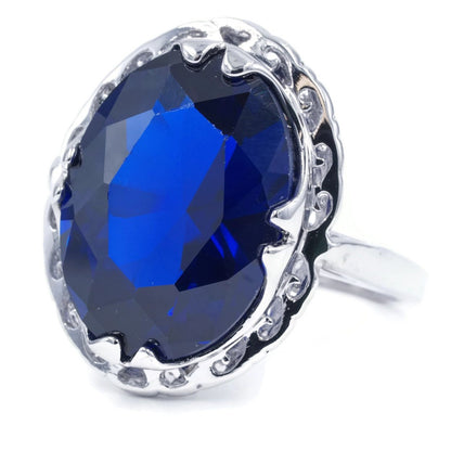 Large Oval Blue Sapphire Spinel Unique Framed Setting Cocktail Ring