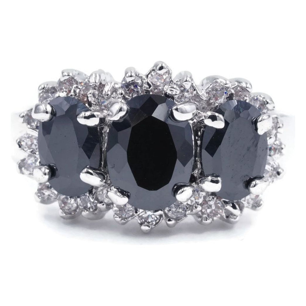 Unique Three Stone Oval Jet Black Stone Framed Ring