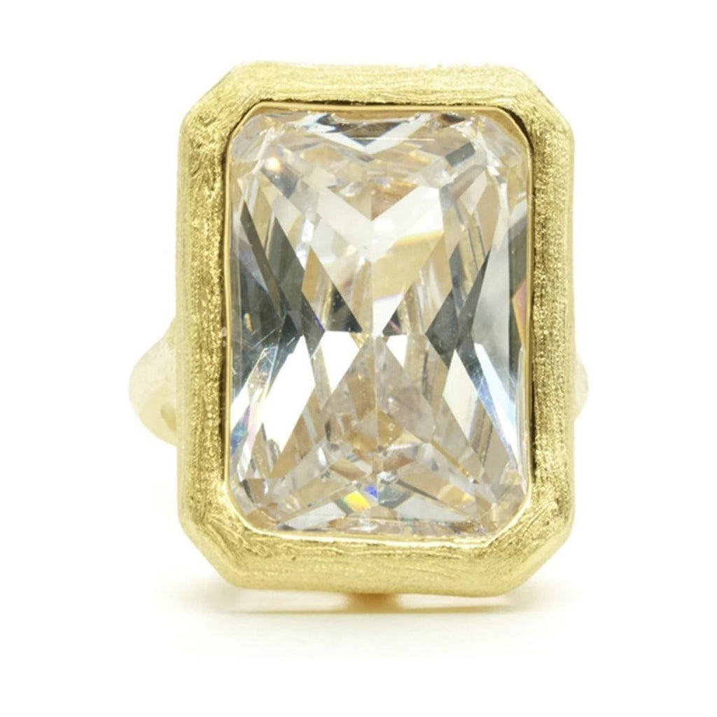 Huge Bezel Set Emerald Cut Clear Brushed Gold Ring