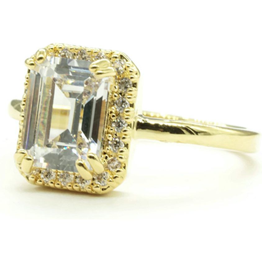 Emerald Cut Halo Engagement Style Gold Tone Ring