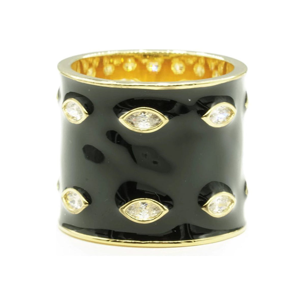 Wide Cylindrical Black Gold Band Clear Stones Ring