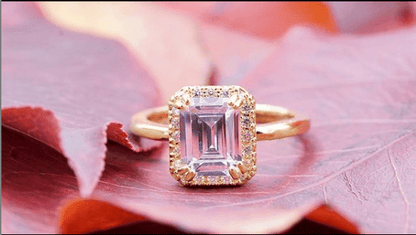 Emerald-Cut Engagement Style Halo Setting Rhodium Ring