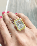 Huge Bezel Set Emerald Cut Clear Brushed Gold Ring